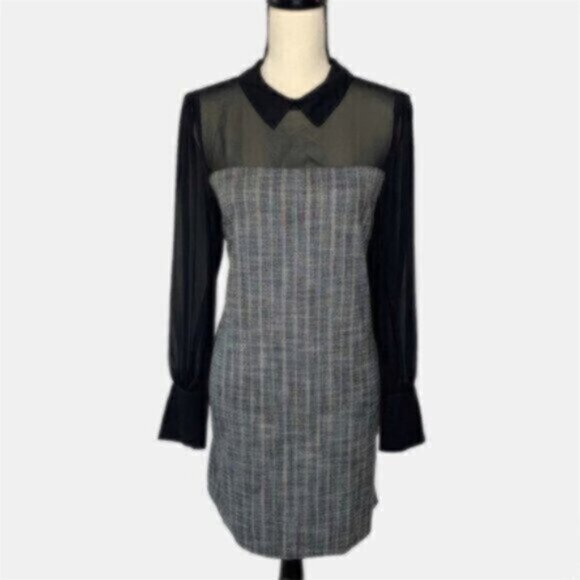 NWT BCBGeneration Black Sheer Sleeve Twill Plaid Pattern Dress - Picture 2 of 15